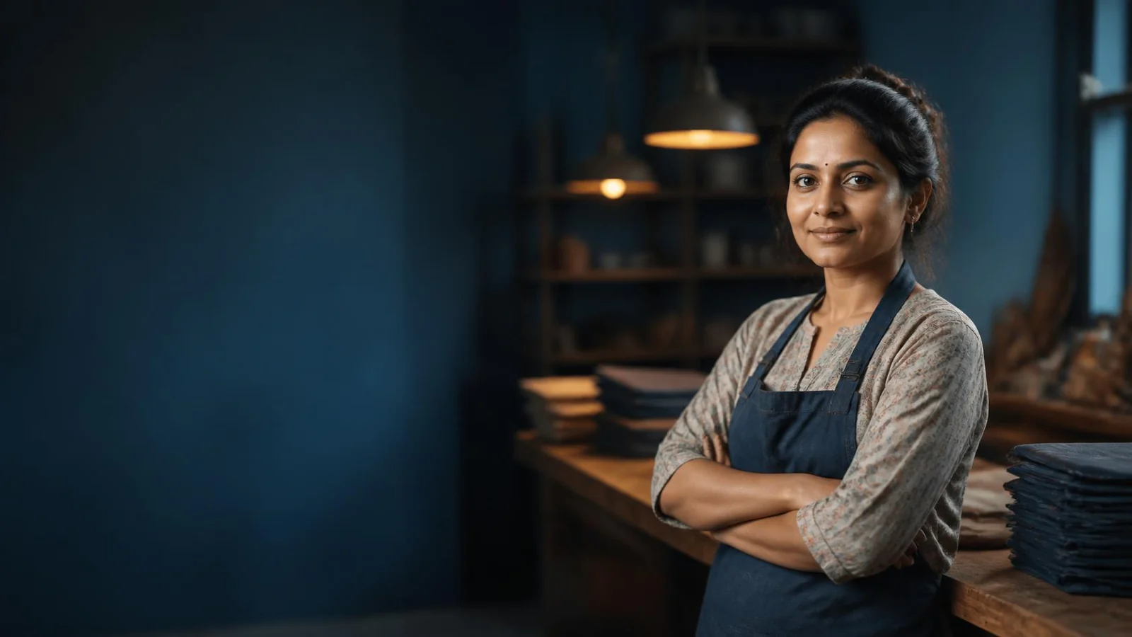 A small-business owner standing in her workshop, arms folded